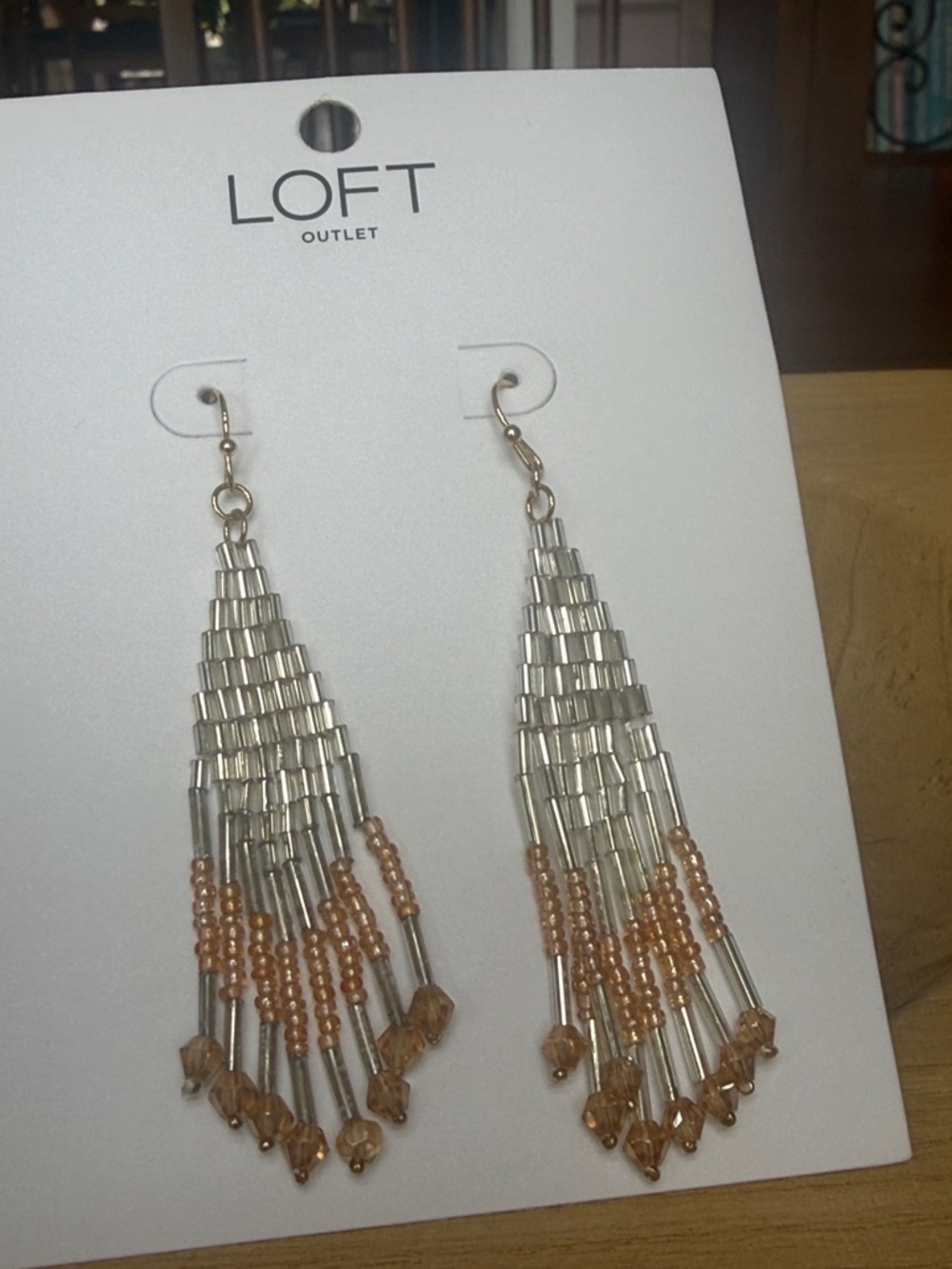 LOFT Beaded Fringe Dangle Earrings Gold Tone